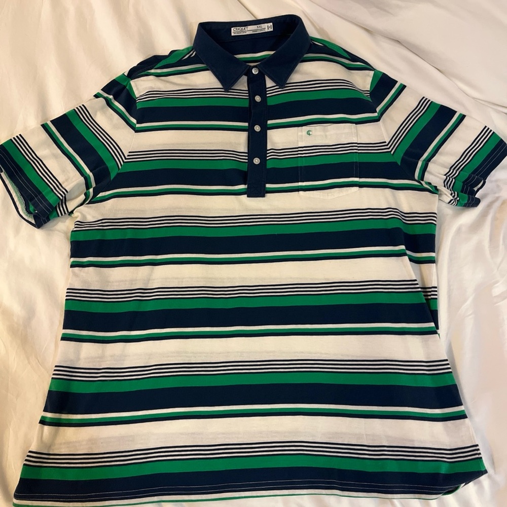 Criquet Striped Polo Shirt - Green and White and navy blue